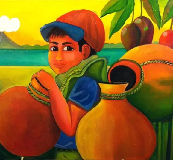 Boy with gourds and mangoes