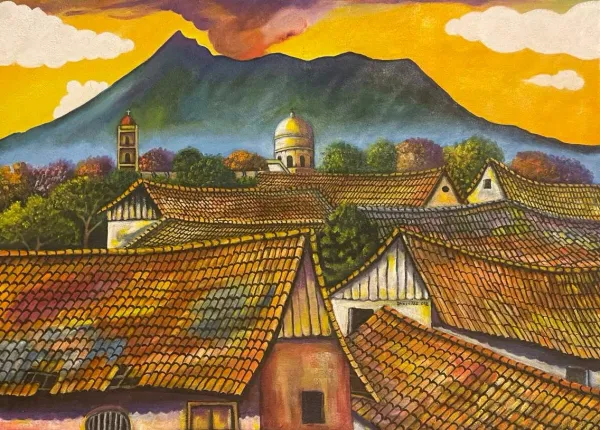 Houses with volcano - landscape painting
